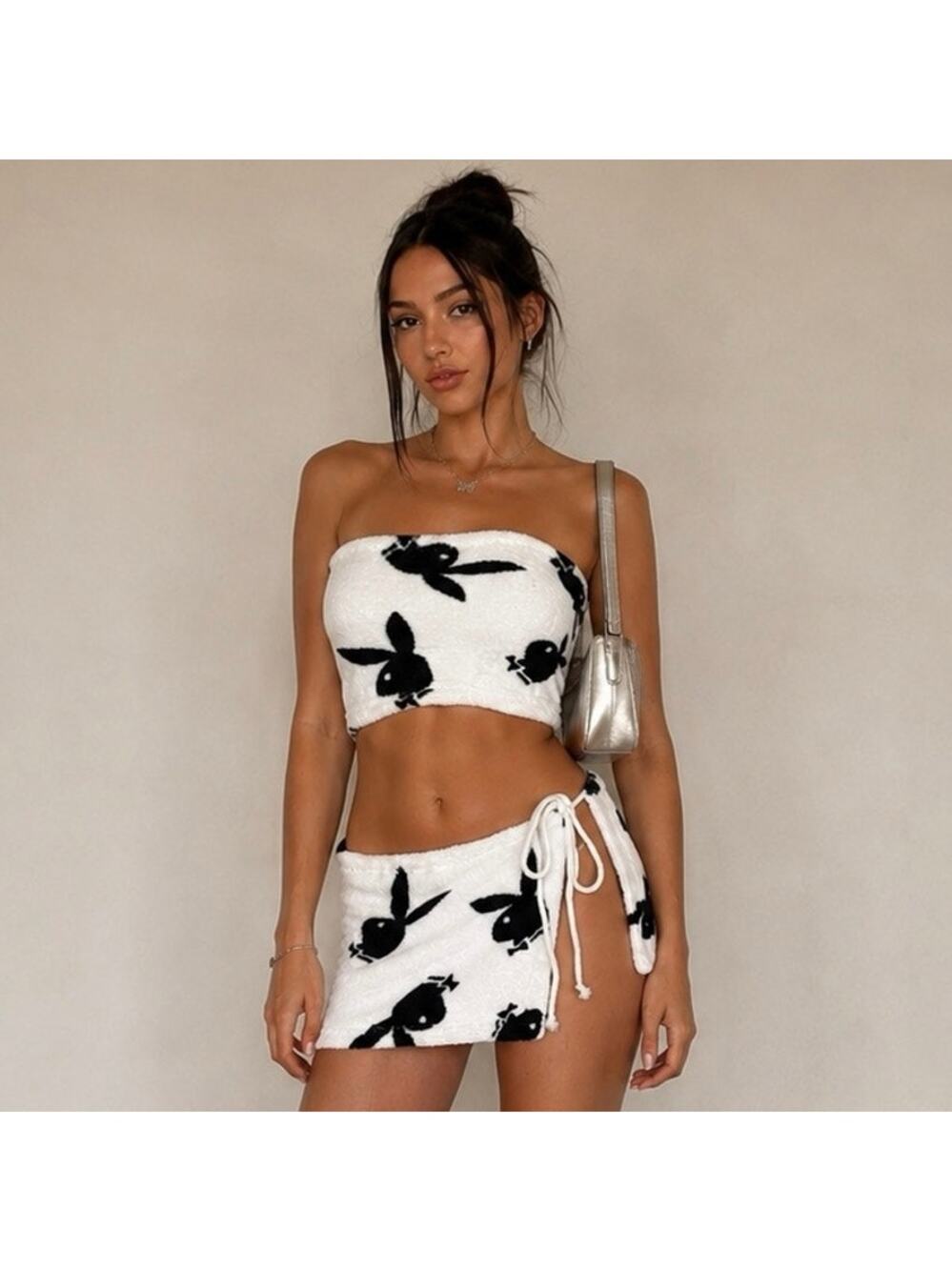 Handmade Y2K Bunny Print Terry Plush 2 Piece Set Tube Top Wrap Skirt Size S